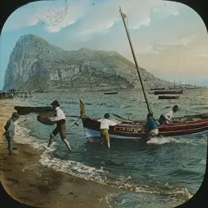 Coloured Print of Fishermen Unloading a Small Sailing Boat