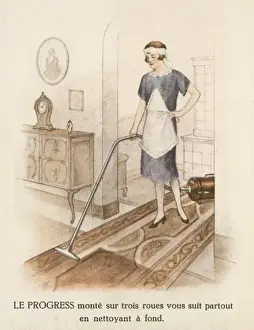 Vintage Domestic Scene Prints: Vacuuming Carpet