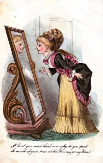 Vain woman at a mirror on a comic greetings card Vain woman at a mirror on a comic greetings card