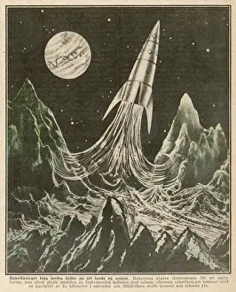 Space Travel History Prints: Valier rocket taking off from the moon