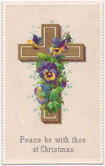 Variegated pansies and a cross on a Christmas card Variegated pansies and a cross on a Christmas card