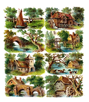 Various buildings and scenes on a sheet of Victorian scraps Various buildings and scenes on a sheet of Victorian scraps