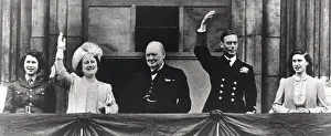 Prints of Winston Churchill and members of the Royal family waving to the crowds at Buckingham Palace on Victory in Europe Day Politic Prints: VE Day Celebrations Buckingham Palace Print