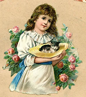 Victorian Scrap, Girl holding kitten in straw hat Victorian Scrap, Girl holding kitten in straw hat