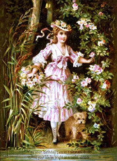 Victorian silk birthday card, Girl with dog and flowers Victorian silk birthday card, Girl with dog and flowers