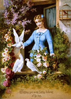 Victorian silk birthday card, Girl and Doves Victorian silk birthday card, Girl and Doves