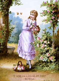 Victorian silk birthday card, Girl picking Roses Victorian silk birthday card, Girl picking Roses