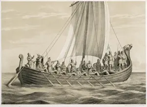 Prints of Vikingesnekke Norwegian warriors in a half-decked warship Norway Prints: Viking Warriors in a Half-Decked Warship Print