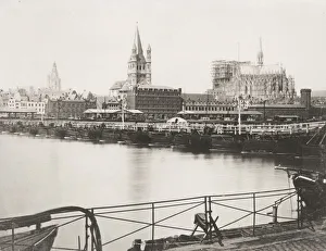 Vintage 19th century photograph: bridge of boats, pontoon bridge, River Rhine, Cologne Vintage 19th century photograph: bridge of boats, pontoon bridge, River Rhine, Cologne