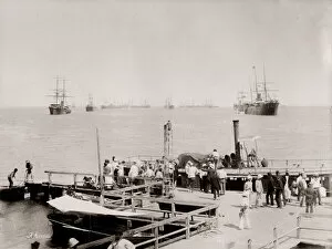 Ismailia Collection: Vintage 19th century photograph: pier at Ismailia, steam launch and ships in the harbour
