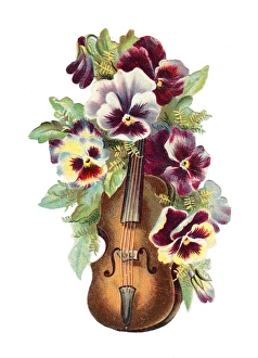 Violin with pansies on a Victorian scrap Violin with pansies on a Victorian scrap