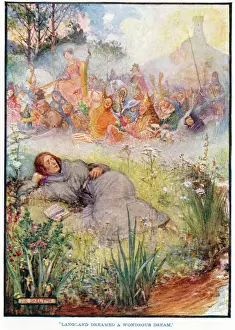 Prints of Langland dreamed a wondrous dream. William Langland, in his 14th century poem, Piers Ploughman, falls asleep upon the Malvern Hills and dreams a dream in which he sees a fair field full of folk Herefordshire Prints: The Vision of Piers the Ploughman Print