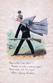 Volunteer soldier with rifle on a comic greetings card Volunteer soldier with rifle on a comic greetings card