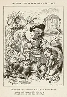 Prints of RICHARD WAGNER German composer and his son, Siegfried, slay the Critic Dragon and gain the treasure it was guarding, in a parody of the Nibelungen story Richard Wagner Prints: Wagner and Son Conquer the Critic Dragon Print