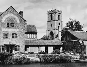 Prints of The Old Granary at Wareham, Dorset, converted into a Tea House, with St. Marys Church behind and the River Frome in front Wareham Prints: Wareham Granary Print: Tea House on the River Frome
