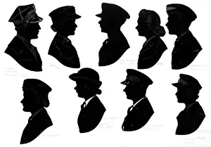 Prints of Nine wartime silhouettes: From the top left: a Polish officer (Edinburgh, 1943), an ATS officer, Captain Garrett, QMC US Army, ATS, Stanley Brown, OCTU RAF West Lothian Prints: Wartime Silhouettes Print, circa 1940s