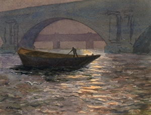 Watercolour by Harold Auerbach, boat on a river Watercolour by Harold Auerbach, boat on a river
