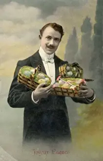 Easter Egg Collection Prints: Well-dressed man with armful of Easter eggs