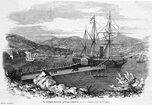 Prints of (Windward Islands). Native porters coaling a paddle-steamer in St Georges Harbour Related Prints: West Indies Grenada Print: Native Porters Coaling a Paddle Steamer