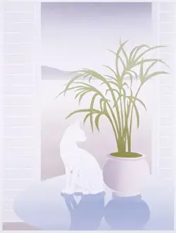 Malcolm Greensmith Paintings Prints: A white cat on a reflective table