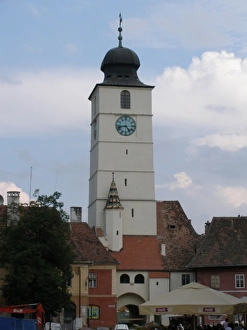 White clock tower in Sibiu, Romania White clock tower in Sibiu, Romania