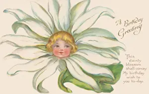 White Flower Faces Birthday Print circa 1908