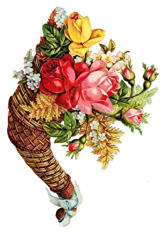 Wickerwork cornucopia with flowers on a Victorian scrap Wickerwork cornucopia with flowers on a Victorian scrap