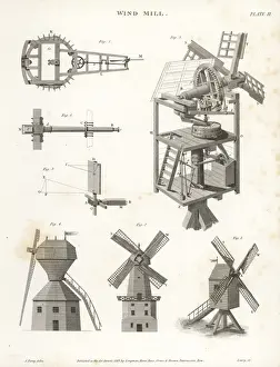 Abraham Rees Cyclopedia Prints: Windmill elevation, plan, side, showing power