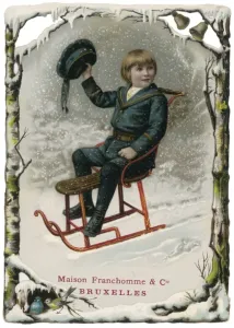 Winter Scene Prints: Print of a boy sliding on a sledge in winter