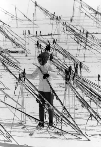 Winter Scene Prints: Skier Amidst Ski Patterns Print, Switzerland 1960s
