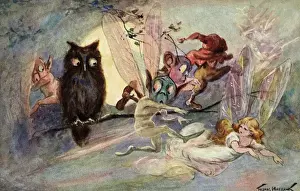 Wise Owl and Pixies Print circa 1916