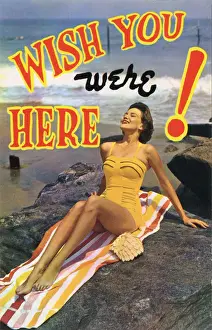 1950s Seaside Postcard Print: Woman in Yellow Swimsuit