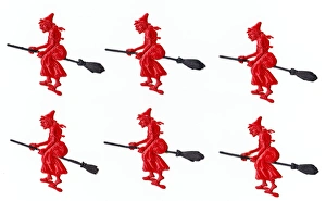 Witches riding broomsticks on six Victorian scraps Witches riding broomsticks on six Victorian scraps