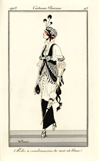 Woman in black and white dress with matching bonnet, 1913 Woman in black and white dress with matching bonnet, 1913
