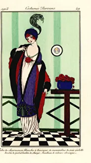 Woman in charmeuse gown, violet tunic and cape Woman in charmeuse gown, violet tunic and cape