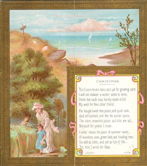 Woman and child in summer scene on a Christmas card Woman and child in summer scene on a Christmas card