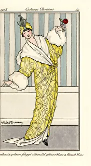 Woman in coat of lemon crushed velvet Woman in coat of lemon crushed velvet