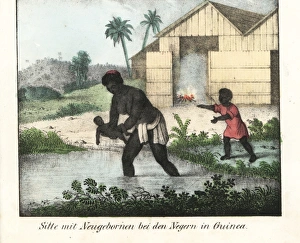 A woman dips a new born baby in a pond, birth A woman dips a new born baby in a pond, birth