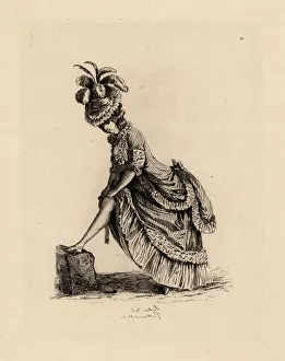 Woman fixing her stockings, era of Marie Antoinette Woman fixing her stockings, era of Marie Antoinette