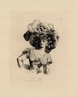 Woman in giant bonnet with feathers, era of Marie Antoinette Woman in giant bonnet with feathers, era of Marie Antoinette