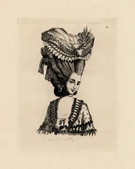 Woman in giant pouf hairstyle, era of Marie Antoinette Woman in giant pouf hairstyle, era of Marie Antoinette