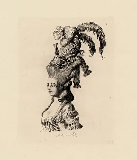 Woman in giant pouf hairstyle, era of Marie Antoinette Woman in giant pouf hairstyle, era of Marie Antoinette