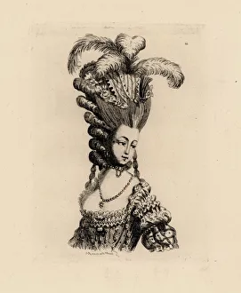 Woman in giant pouf hairstyle with ringlets, era of Woman in giant pouf hairstyle with ringlets, era of
