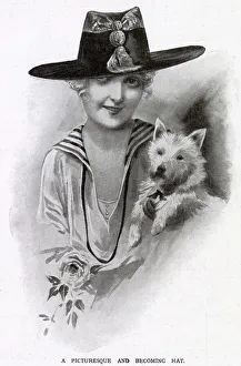 Woman holding a dog wearing a hat made of black taffeta, with a crown of beige moire Woman holding a dog wearing a hat made of black taffeta, with a crown of beige moire