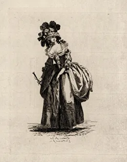 Woman in Minerva hat, taffeta dress, era of Marie Antoinette Woman in Minerva hat, taffeta dress, era of Marie Antoinette