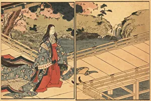 Woman of the nobility or courtier in silk kimono walking Woman of the nobility or courtier in silk kimono walking