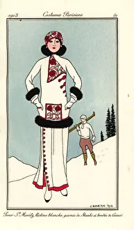 Woman in outfit for St. Moritz in embroidered white frieze Woman in outfit for St. Moritz in embroidered white frieze