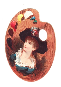 Woman on a palette-shaped greetings card Woman on a palette-shaped greetings card