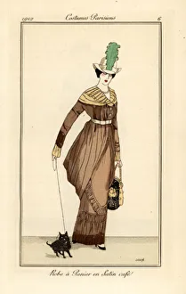 Woman in panier dress in coffee-coloured satin Woman in panier dress in coffee-coloured satin