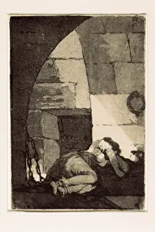 Red and Sanguine Wash Print of Woman in Prison